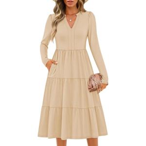 ZESICA Women’s Long Sleeve Spring Dresses 2026 Fashion V Neck Casual Loose Ruffle Flowy A Line Tiered Midi Dress(Apricot)