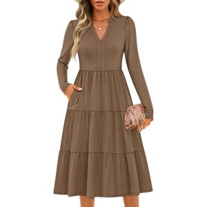 ZESICA Women’s Long Sleeve Spring Dresses 2026 Fashion V Neck Casual Loose Ruffle Flowy A Line Tiered Midi Dress(Khaki)