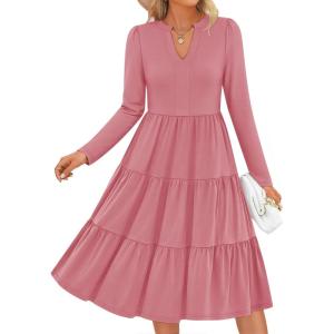 ZESICA Women’s Long Sleeve Spring Dresses 2026 Fashion V Neck Casual Loose Ruffle Flowy A Line Tiered Midi Dress(Pink)