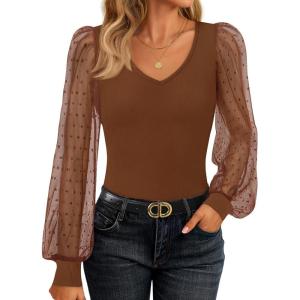 ZESICA Women’s Mesh Puff Long Sleeve Shirts 2026 Spring Fall V Neck Ribbed Knit Sexy Going Out Tops Casual Work Blouse(Brown)