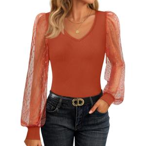 ZESICA Women’s Mesh Puff Long Sleeve Shirts 2026 Spring Fall V Neck Ribbed Knit Sexy Going Out Tops Casual Work Blouse(Burnt Orange)