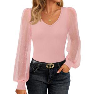 ZESICA Women’s Mesh Puff Long Sleeve Shirts 2026 Spring Fall V Neck Ribbed Knit Sexy Going Out Tops Casual Work Blouse(Pink)