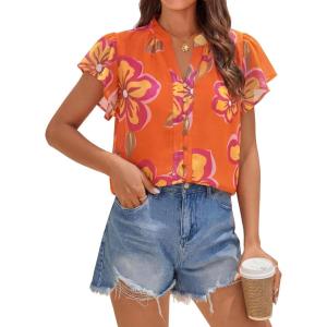 ZESICA Women’s Short Sleeve Floral Blouse 2026 Summer Botton Down Shirts Loose Casual Boho Tops Trendy Outfits(Orange)