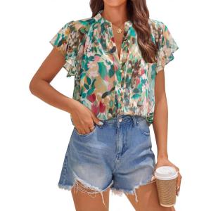 ZESICA Women’s Short Sleeve Floral Blouse 2026 Summer Botton Down Shirts Loose Casual Boho Tops Trendy Outfits(Pink Green)