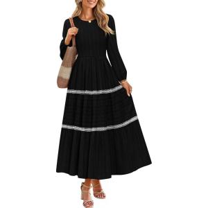 ZESICA Women’s Spring Long Sleeve Maxi Dresses 2026 Casual Crewneck Smocked A Line Tiered Flowy Wedding Guest Long Dress(Black)
