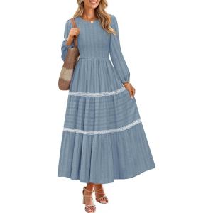 ZESICA Women’s Spring Long Sleeve Maxi Dresses 2026 Casual Crewneck Smocked A Line Tiered Flowy Wedding Guest Long Dress(Dusty Blue)