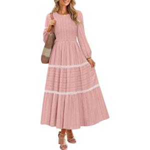 ZESICA Women’s Spring Long Sleeve Maxi Dresses 2026 Casual Crewneck Smocked A Line Tiered Flowy Wedding Guest Long Dress(Pink)