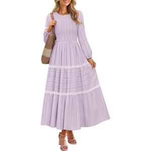 ZESICA Women’s Spring Long Sleeve Maxi Dresses 2026 Casual Crewneck Smocked A Line Tiered Flowy Wedding Guest Long Dress(Purple)
