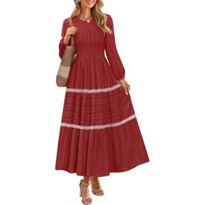 ZESICA Women’s Spring Long Sleeve Maxi Dresses 2026 Casual Crewneck Smocked A Line Tiered Flowy Wedding Guest Long Dress(Red)