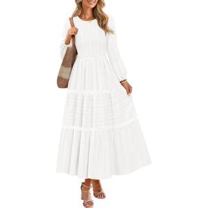 ZESICA Women’s Spring Long Sleeve Maxi Dresses 2026 Casual Crewneck Smocked A Line Tiered Flowy Wedding Guest Long Dress(White)