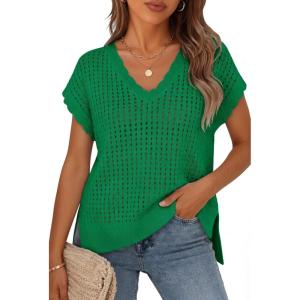 ZESICA Women’s Spring Tops 2026 Summer Shirts Crochet V Neck Cap Sleeve Sweater Cute Casual Beach Vacation Clothes(Green)