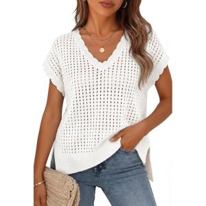 ZESICA Women’s Spring Tops 2026 Summer Shirts Crochet V Neck Cap Sleeve Sweater Cute Casual Beach Vacation Clothes(White)