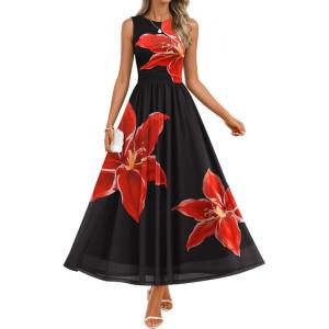 ZESICA Women’s Summer Sleeveless Floral Maxi Dress 2026 Casual Crewneck Mesh A Line Flowy Boho Beach Party Long Dresses(Black)