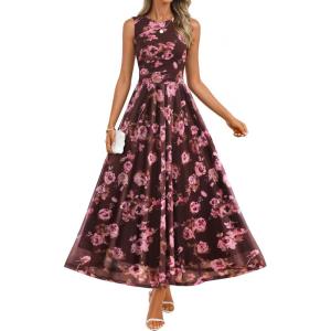 ZESICA Women’s Summer Sleeveless Floral Maxi Dress 2026 Casual Crewneck Mesh A Line Flowy Boho Beach Party Long Dresses(Brown)