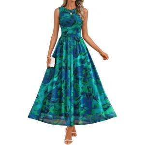 ZESICA Women’s Summer Sleeveless Floral Maxi Dress 2026 Casual Crewneck Mesh A Line Flowy Boho Beach Party Long Dresses(Darkgreen)