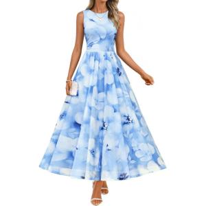 ZESICA Women’s Summer Sleeveless Floral Maxi Dress 2026 Casual Crewneck Mesh A Line Flowy Boho Beach Party Long Dresses(Lightblue)