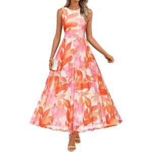 ZESICA Women’s Summer Sleeveless Floral Maxi Dress 2026 Casual Crewneck Mesh A Line Flowy Boho Beach Party Long Dresses(Orange)