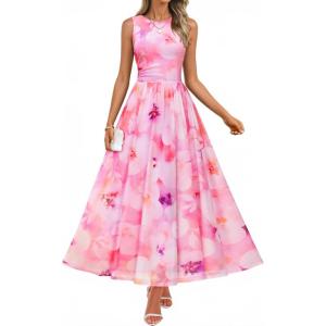 ZESICA Women’s Summer Sleeveless Floral Maxi Dress 2026 Casual Crewneck Mesh A Line Flowy Boho Beach Party Long Dresses(Pink)