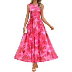 ZESICA Women’s Summer Sleeveless Floral Maxi Dress 2026 Casual Crewneck Mesh A Line Flowy Boho Beach Party Long Dresses(Rose)