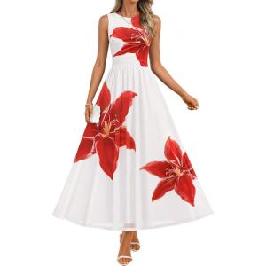 ZESICA Women’s Summer Sleeveless Floral Maxi Dress 2026 Casual Crewneck Mesh A Line Flowy Boho Beach Party Long Dresses(White)