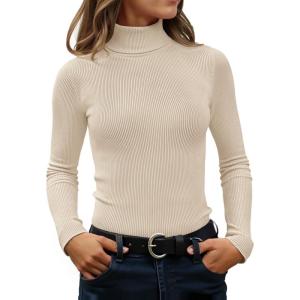 ZESICA Women’s Turtleneck Long Sleeve Shirts 2026 Spring Trendy Tops Slim Fitted Ribbed Knit Basic Casual Sweater(Apricot)