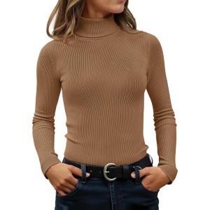 ZESICA Women’s Turtleneck Long Sleeve Shirts 2026 Spring Trendy Tops Slim Fitted Ribbed Knit Basic Casual Sweater(Brown)