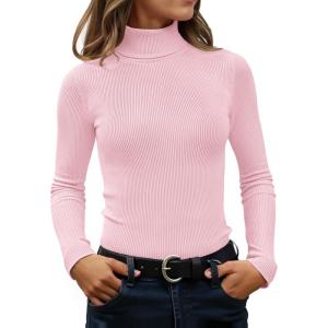 ZESICA Women’s Turtleneck Long Sleeve Shirts 2026 Spring Trendy Tops Slim Fitted Ribbed Knit Basic Casual Sweater(Pink)