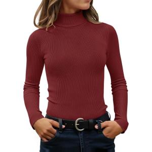 ZESICA Women’s Turtleneck Long Sleeve Shirts 2026 Spring Trendy Tops Slim Fitted Ribbed Knit Basic Casual Sweater(Wine)