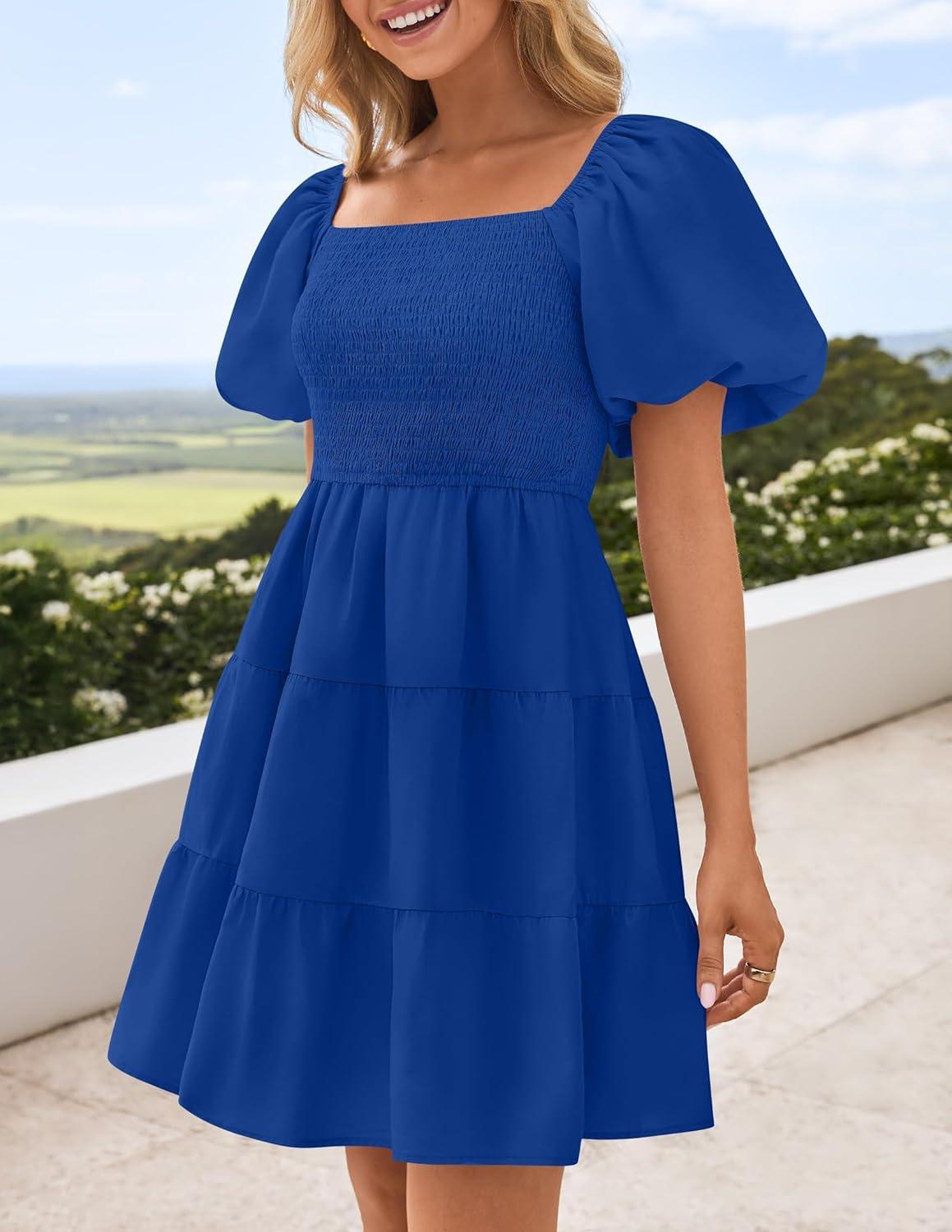 imageZESICA Womens Boho 2026 Summer Square Neck Puff Sleeve Off Shoulder Smocked Tiered Casual A Line Short Mini DressRoyalblue