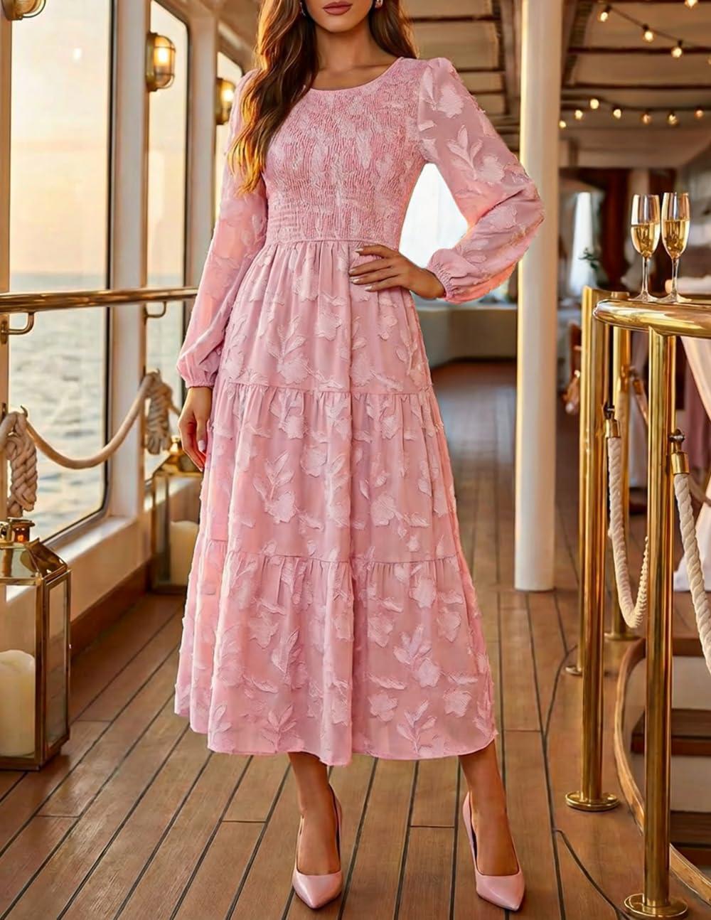 imageZESICA Womens Fall Boho Floral Midi Dress 2026 Casual Long Sleeve Crewneck Flowy Wedding Guest Long Dresses