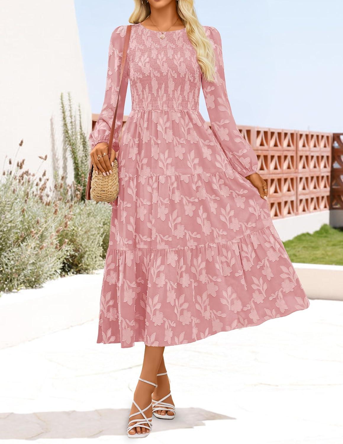 imageZESICA Womens Fall Boho Floral Midi Dress 2026 Casual Long Sleeve Crewneck Flowy Wedding Guest Long Dresses