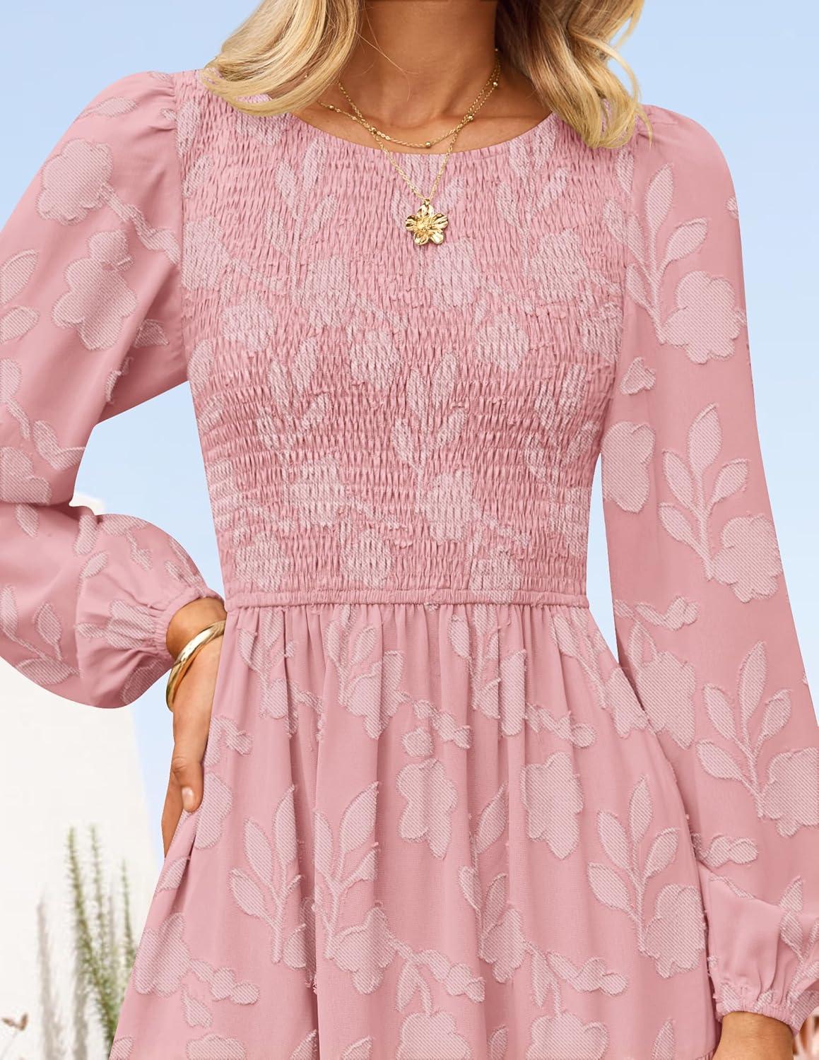 imageZESICA Womens Fall Boho Floral Midi Dress 2026 Casual Long Sleeve Crewneck Flowy Wedding Guest Long Dresses