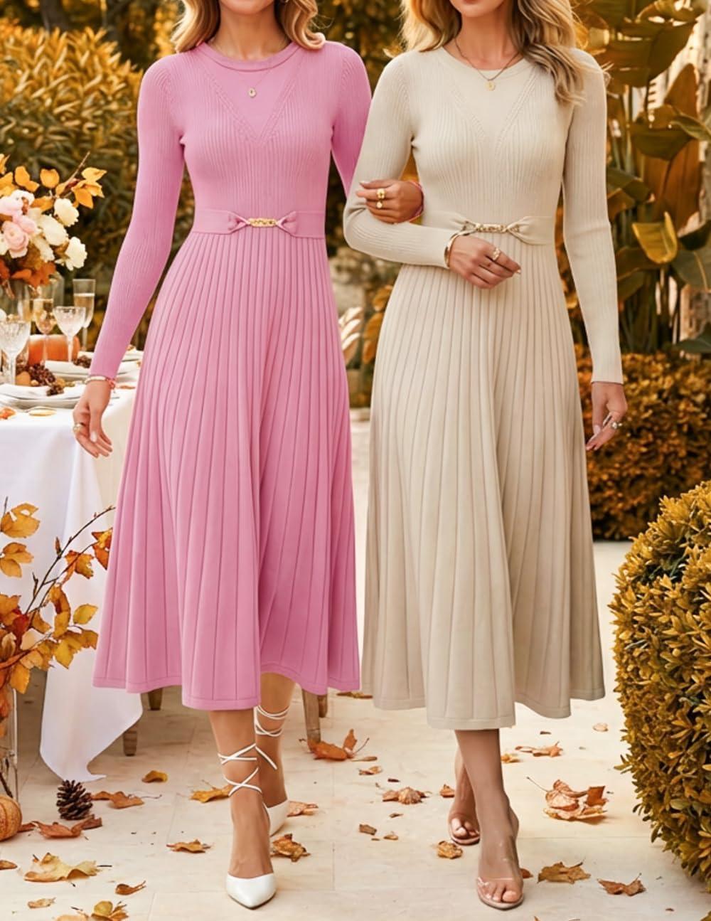 imageZESICA Womens Long Sleeve Midi Sweater Dress 2026 Fall Crewneck Knit A Line Pleated Flowy Long Dresses with BeltApricot