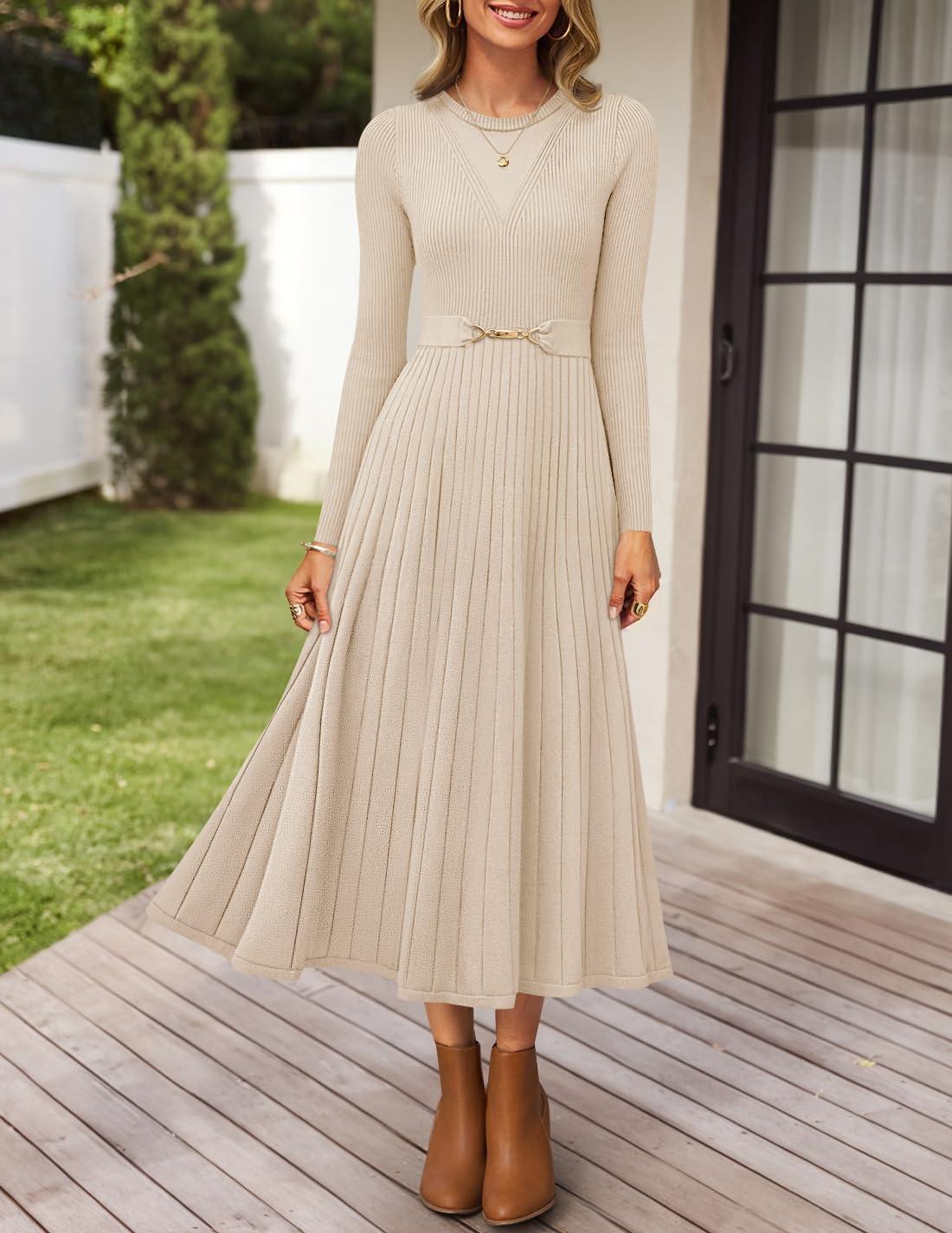 imageZESICA Womens Long Sleeve Midi Sweater Dress 2026 Fall Crewneck Knit A Line Pleated Flowy Long Dresses with BeltApricot