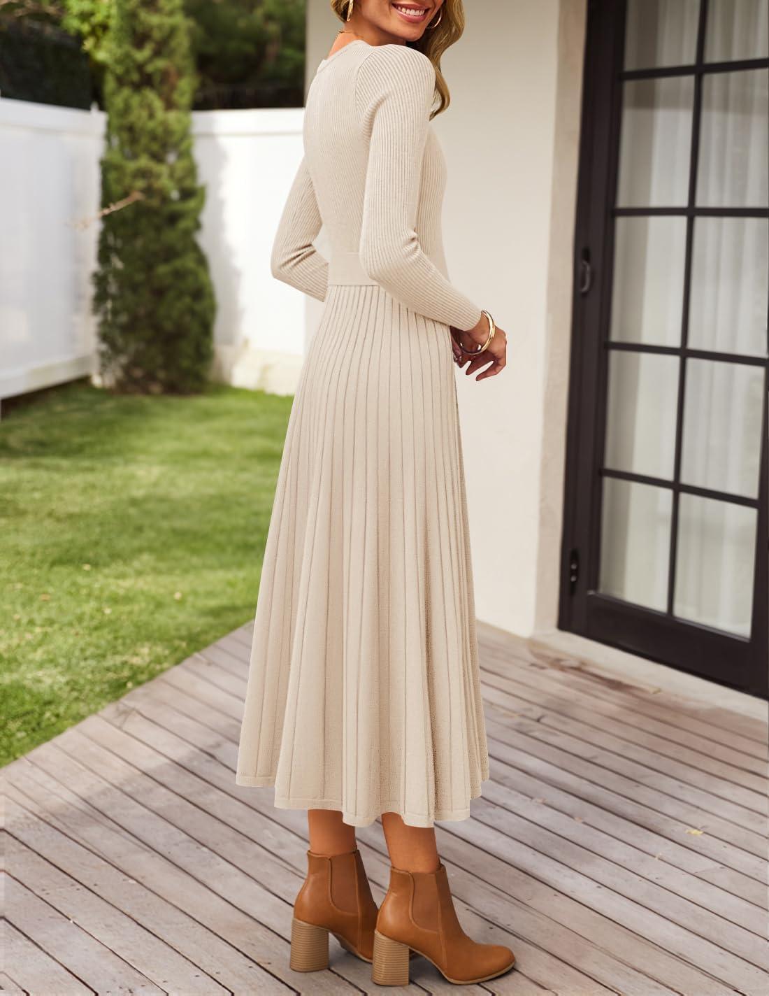 imageZESICA Womens Long Sleeve Midi Sweater Dress 2026 Fall Crewneck Knit A Line Pleated Flowy Long Dresses with BeltApricot