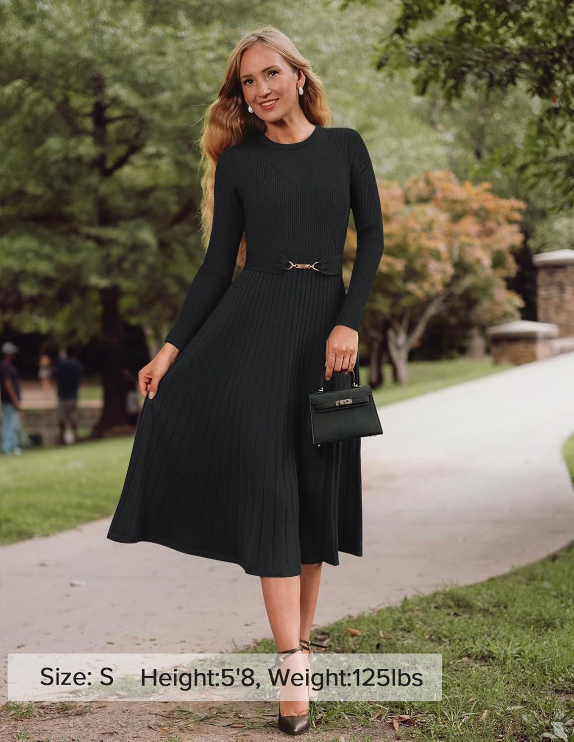 imageZESICA Womens Long Sleeve Midi Sweater Dress 2026 Fall Crewneck Knit A Line Pleated Flowy Long Dresses with BeltBlack