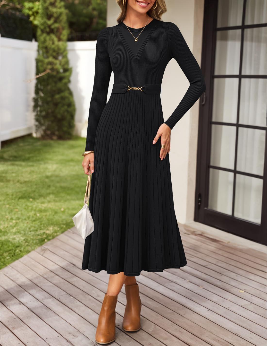 imageZESICA Womens Long Sleeve Midi Sweater Dress 2026 Fall Crewneck Knit A Line Pleated Flowy Long Dresses with BeltBlack