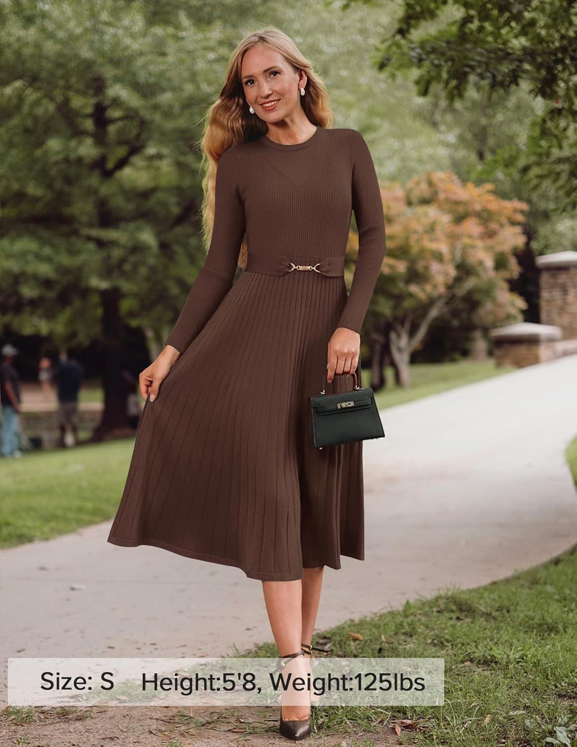 imageZESICA Womens Long Sleeve Midi Sweater Dress 2026 Fall Crewneck Knit A Line Pleated Flowy Long Dresses with BeltCoffee