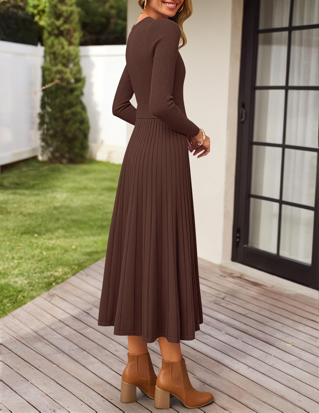 imageZESICA Womens Long Sleeve Midi Sweater Dress 2026 Fall Crewneck Knit A Line Pleated Flowy Long Dresses with BeltCoffee