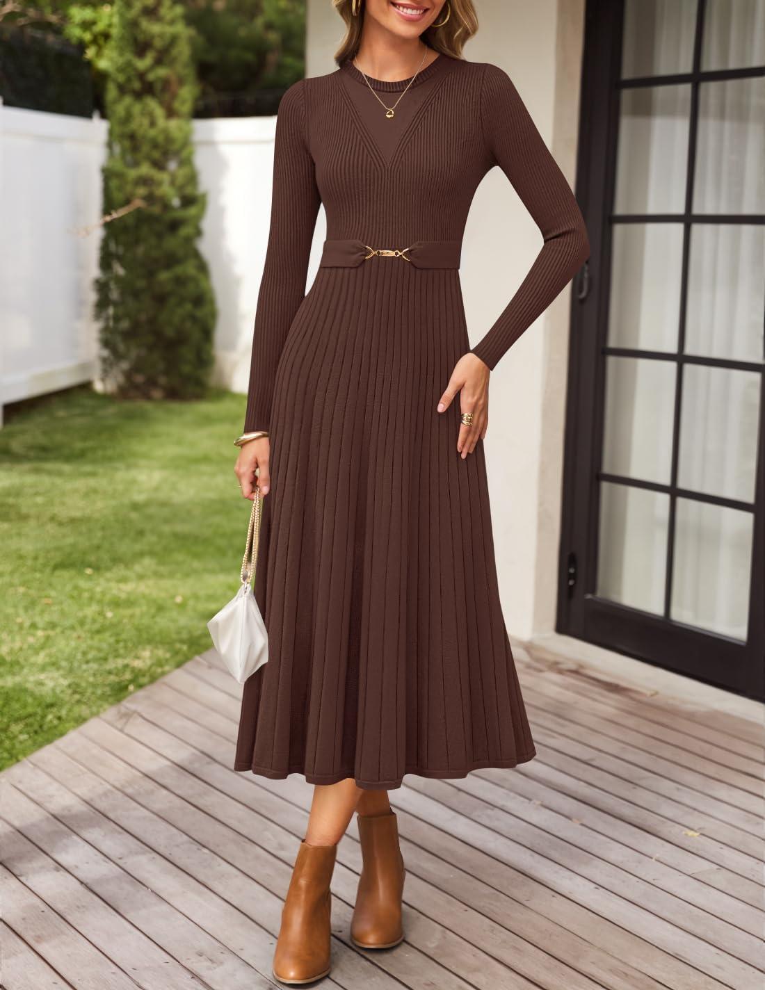 imageZESICA Womens Long Sleeve Midi Sweater Dress 2026 Fall Crewneck Knit A Line Pleated Flowy Long Dresses with BeltCoffee