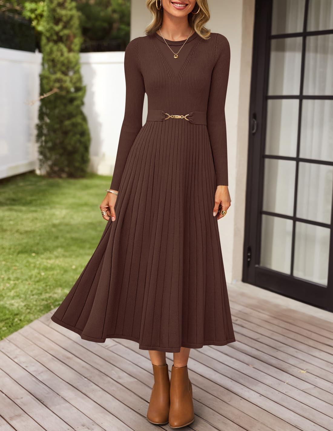imageZESICA Womens Long Sleeve Midi Sweater Dress 2026 Fall Crewneck Knit A Line Pleated Flowy Long Dresses with BeltCoffee