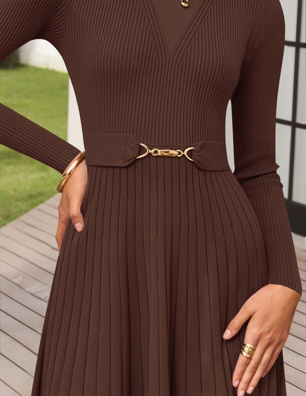 imageZESICA Womens Long Sleeve Midi Sweater Dress 2026 Fall Crewneck Knit A Line Pleated Flowy Long Dresses with BeltCoffee