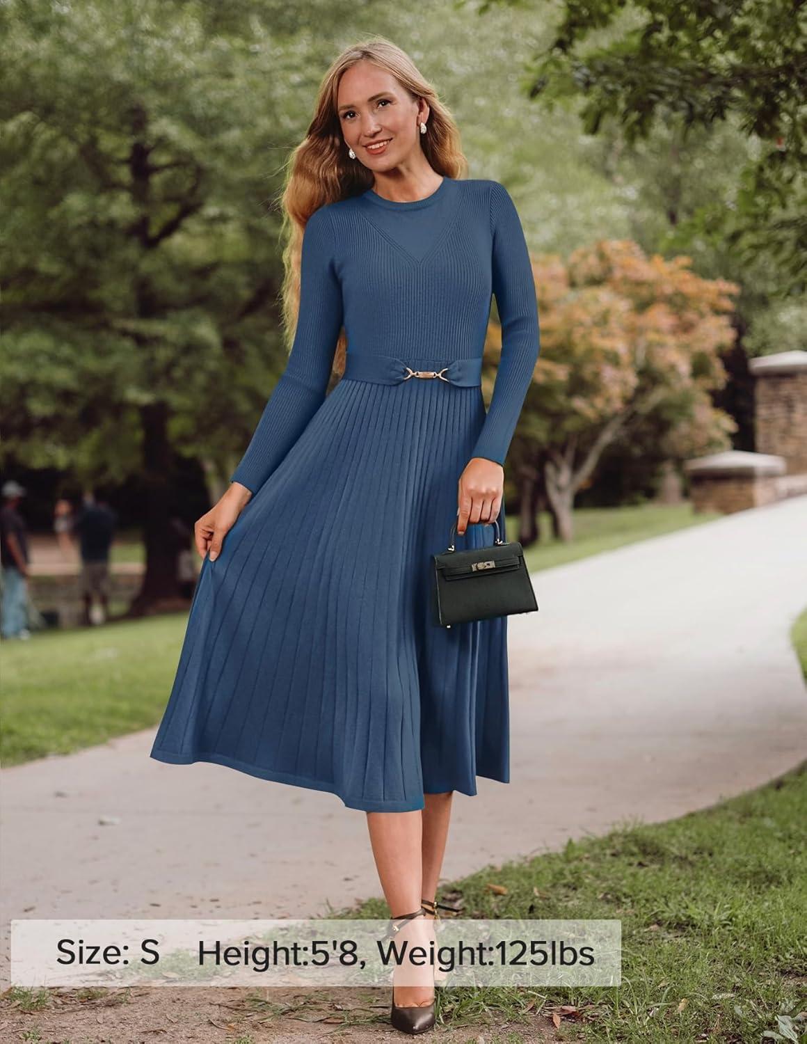 imageZESICA Womens Long Sleeve Midi Sweater Dress 2026 Fall Crewneck Knit A Line Pleated Flowy Long Dresses with BeltDark Blue
