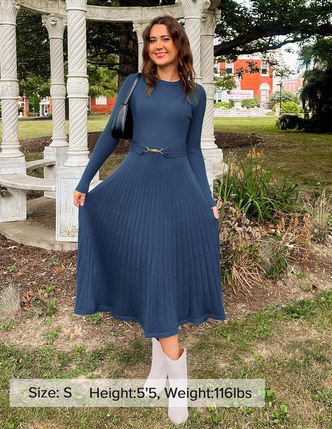 imageZESICA Womens Long Sleeve Midi Sweater Dress 2026 Fall Crewneck Knit A Line Pleated Flowy Long Dresses with BeltDark Blue