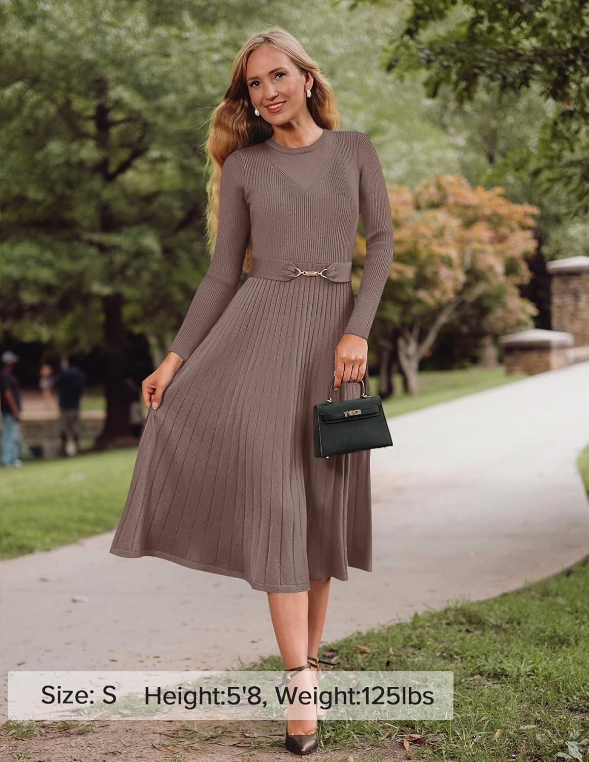 imageZESICA Womens Long Sleeve Midi Sweater Dress 2026 Fall Crewneck Knit A Line Pleated Flowy Long Dresses with BeltKhaki