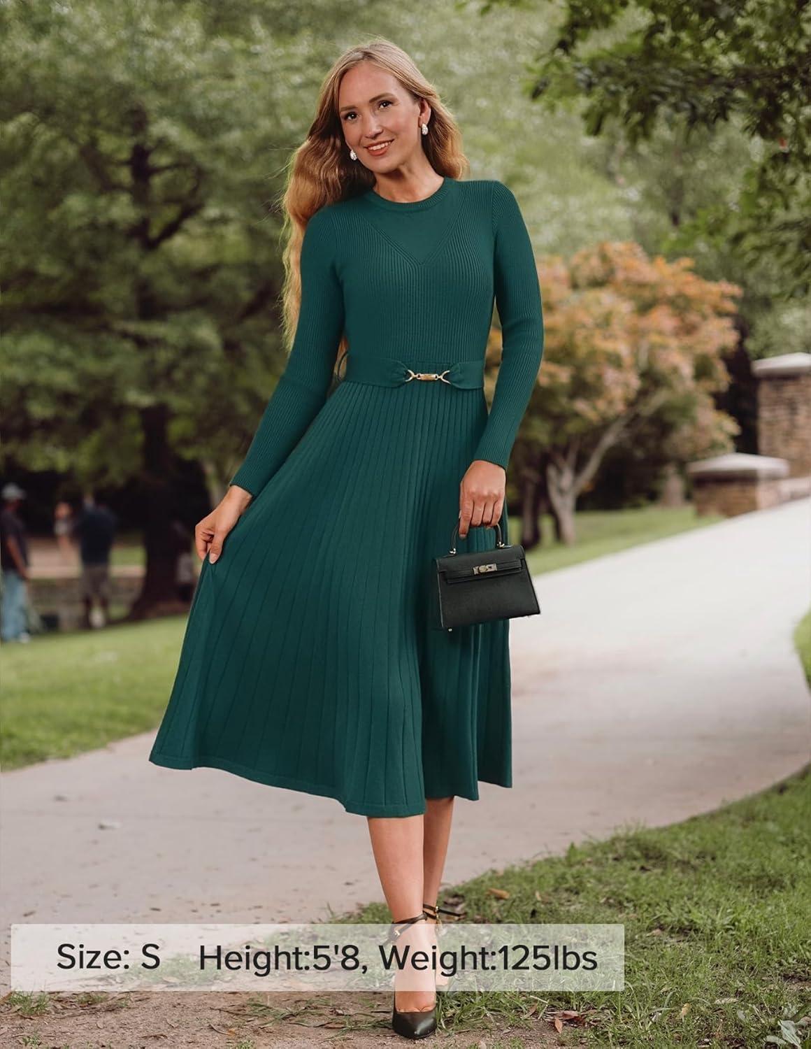 imageZESICA Womens Long Sleeve Midi Sweater Dress 2026 Fall Crewneck Knit A Line Pleated Flowy Long Dresses with BeltTeal