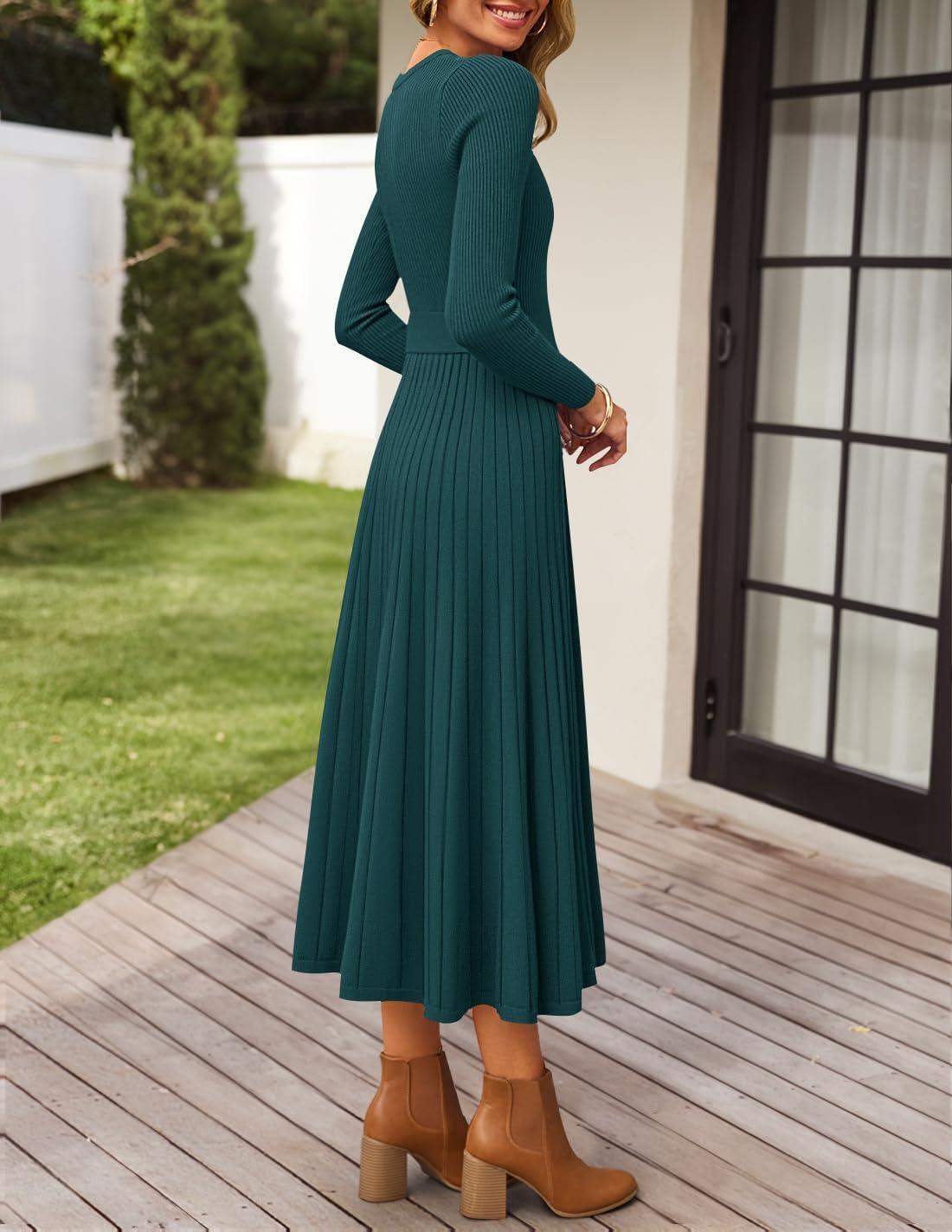 imageZESICA Womens Long Sleeve Midi Sweater Dress 2026 Fall Crewneck Knit A Line Pleated Flowy Long Dresses with BeltTeal