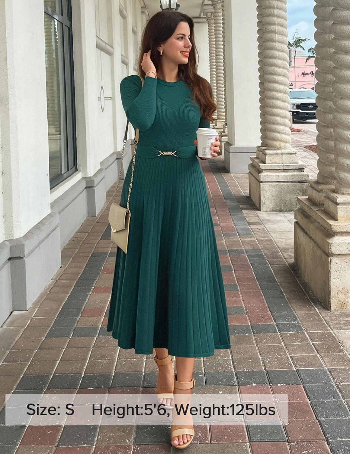 imageZESICA Womens Long Sleeve Midi Sweater Dress 2026 Fall Crewneck Knit A Line Pleated Flowy Long Dresses with BeltTeal