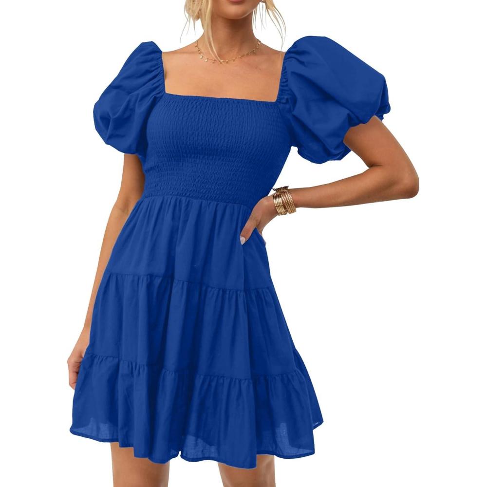imageZESICA Womens Boho 2026 Summer Square Neck Puff Sleeve Off Shoulder Smocked Tiered Casual A Line Short Mini DressRoyalblue