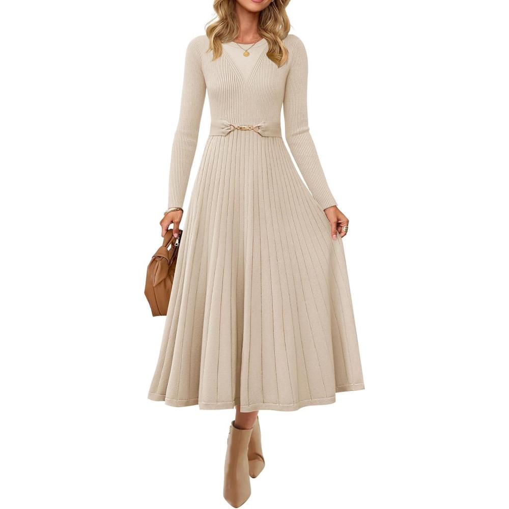 imageZESICA Womens Long Sleeve Midi Sweater Dress 2026 Fall Crewneck Knit A Line Pleated Flowy Long Dresses with BeltApricot